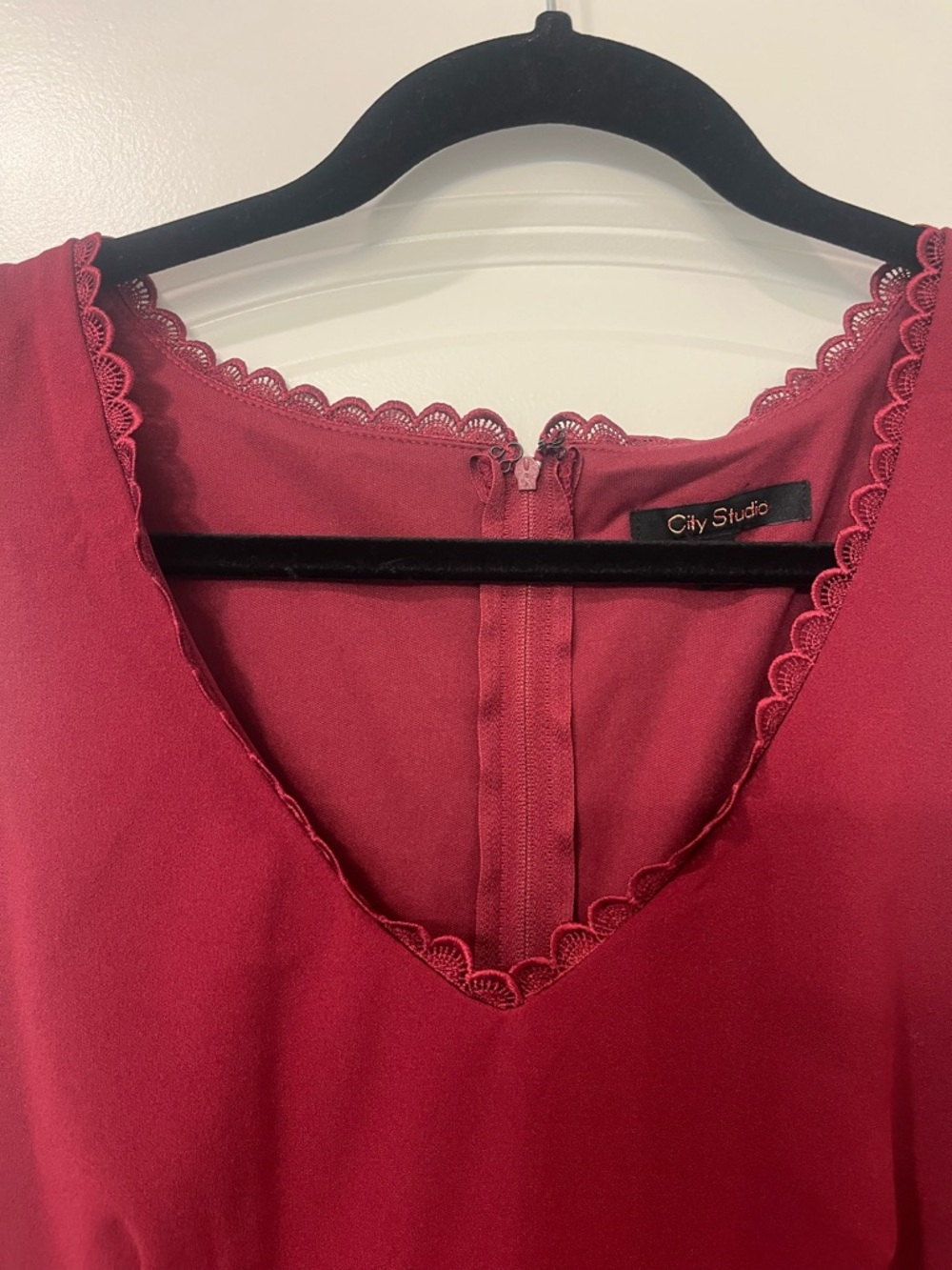 City Studio Burgundy Scalloped V-Neck Fit & Flare A-line Mini Dress Sz 9 NWT - Picture 2 of 12